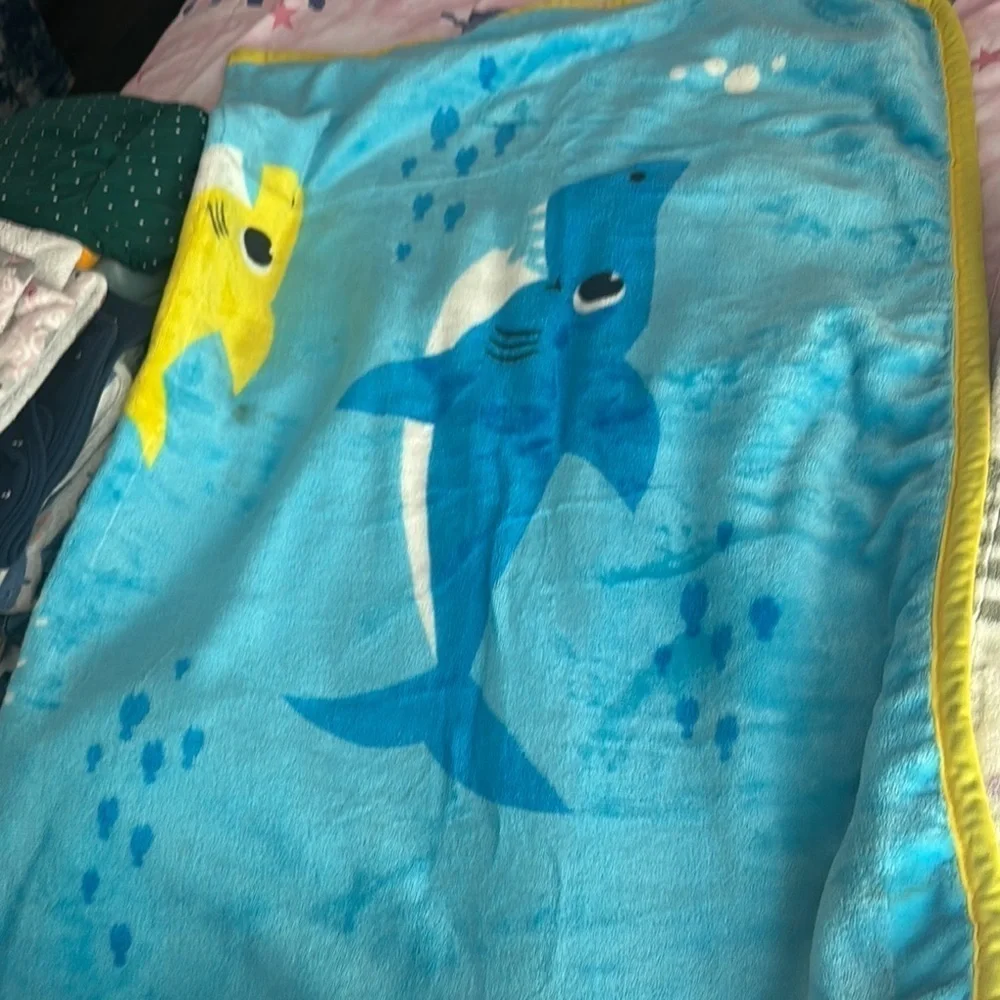 2 Baby Shark and Floral Patterned baby Blankets